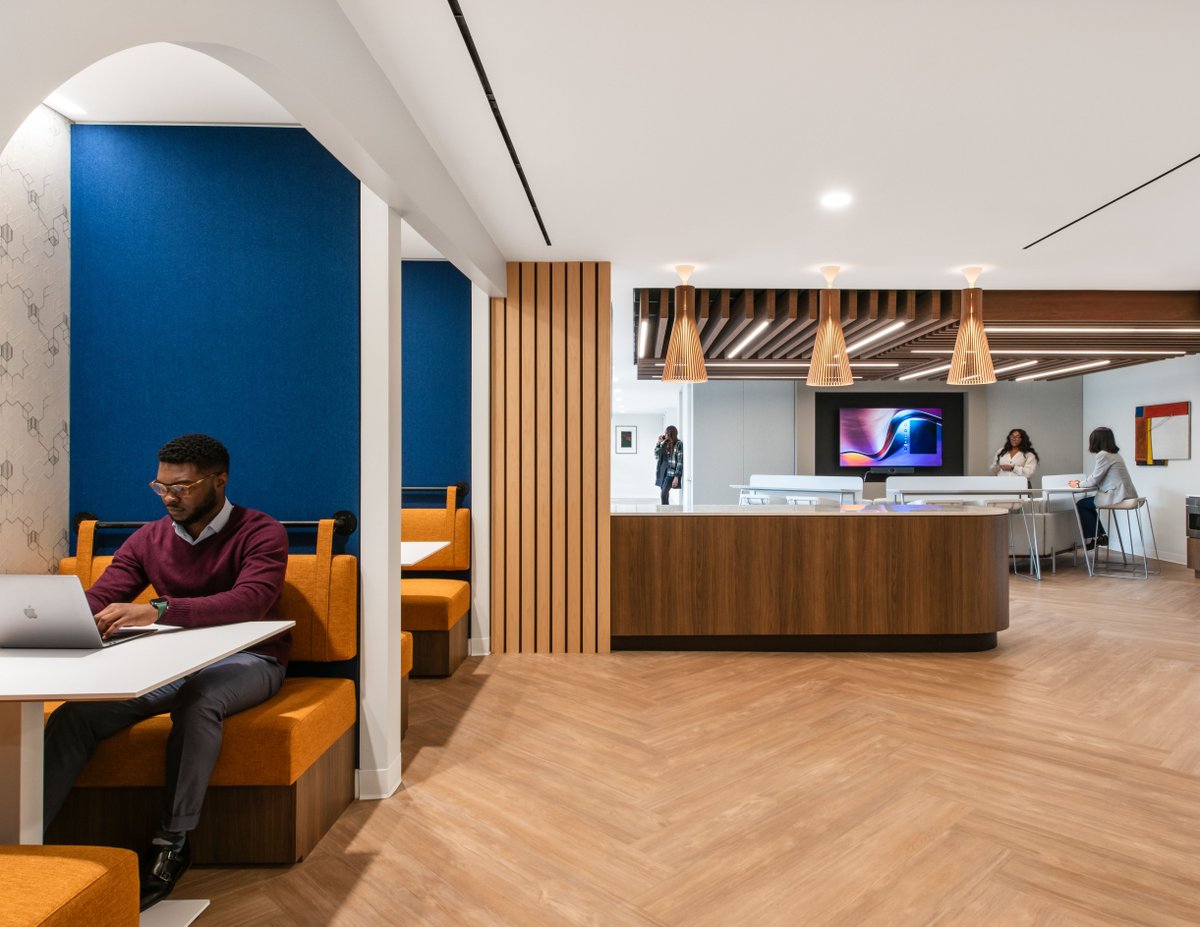 Can you guess this space? We focused on 3 key themes for this new Washington, DC office space: the employee experience, sustainability, & hybrid work. 60% of existing interior elements were recycled & reimagined into this new, flexible environment. #FHI360 #Cushman #DWATTS