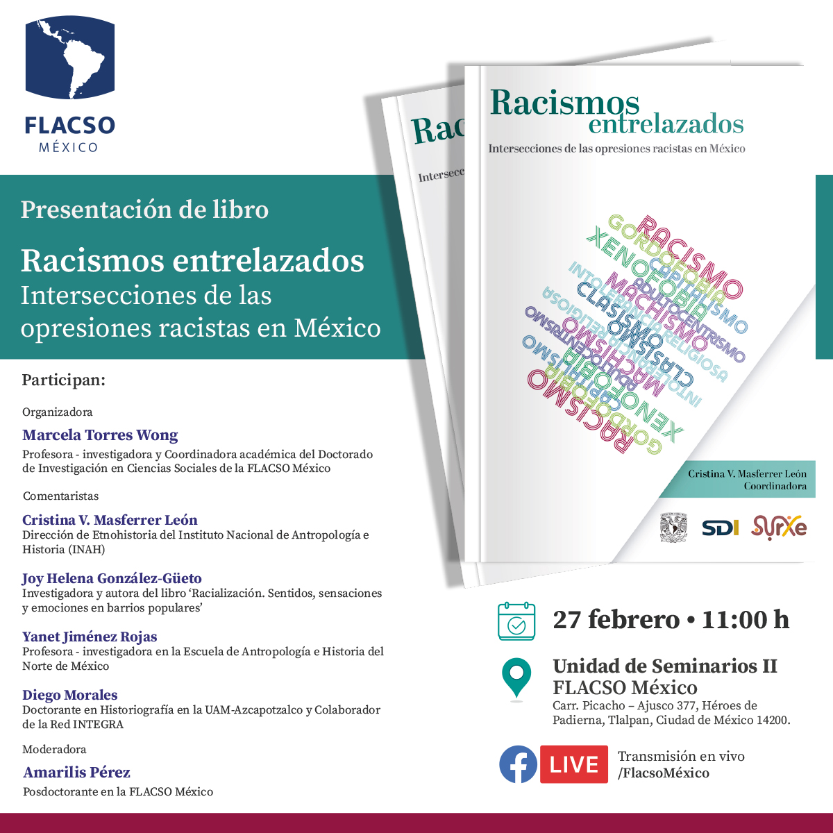 Te esperamos esta mañana en la presentación del libro ‘#RacismosEntrelazados. Intersecciones de las opresiones racistas en México’ con <a href="/matorrew/">Marcela Torres Wong</a>, <a href="/CMasleon/">Cristina MasLeón</a>, <a href="/pasosilbante/">Joy</a>, Yanet Jiménez, Diego Morales y Amarilis Pérez.

📍FLACSO México
📹 #Envivo: bit.ly/FBFlacsoMx