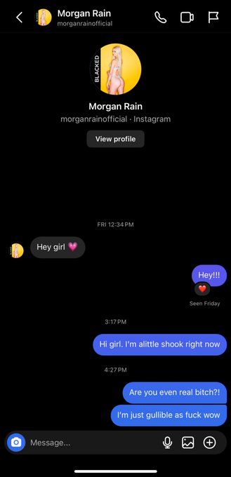 @RealMorganRain this girl is a scam artist. Idk if she&rsquo;s even real or wtf is going on but what just happened<a class="tags" target="_blank" title="On Twitter" href="/?out=eyJ0eXAiOiJKV1QiLCJhbGciOiJIUzUxMiJ9.eyJpYXQiOjE3MjA2OTA0NjcsImlzcyI6InR3cG9ybnN0YXJzLmNvbSIsIm5iZiI6MTcyMDY5MDQ2NywiZXhwIjoxNzUyMjI2NDY3LCJyZWRpcmVjdF91cmwiOiJodHRwczovL3R3aXR0ZXIuY29tL1JlYWxNb3JnYW5SYWluIn0.uXDIx03YxZWRzzHg3b49ShKjl232lLRNI3XvvRtSm6lXDiD2Lz8qEQpVwLrQVincmjKMdK1N6Tg8j296ipHxUQ">@RealMorganRain</a><a href="/tag/gagcity"class="tags"><span>#gagcity</span></a>