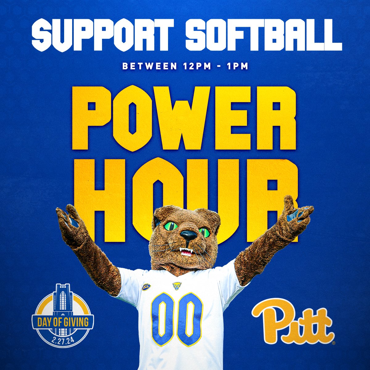 𝙋𝙊𝙒𝙀𝙍 𝙃𝙊𝙐𝙍 🔋⌚️

The largest gift from a Pitt Alum today will receive a softball gear box.

Donate ➡️ bit.ly/42YaZzg