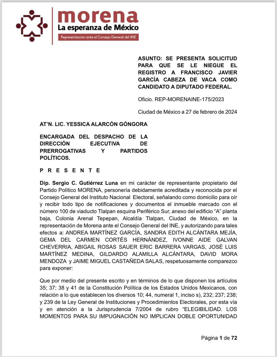juanbaaq's tweet photo. Morena presenta ante el INE solicitud para que se le niegue el registro como candidato a diputado federal a Francisco García Cabeza de Vaca
Señala que no cumple con los requisitos al no tener residencia permanente en Tamaulipas, estar inhabilitado por de la Secretaría de la Función Pública y se ciudadano estadounidense