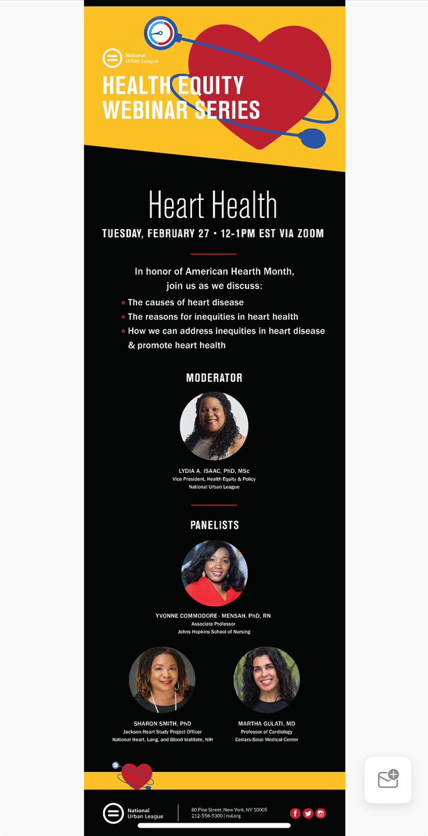 I look forward to this conversation with @DrMarthaGulati , Dr. Lydia Isaac and Dr. Sharon Smith on #hearthealth. @NatUrbanLeague @JHUNursing @HeartNurses @JHhealthequity #HeartMonth #BlackHistoryMonth