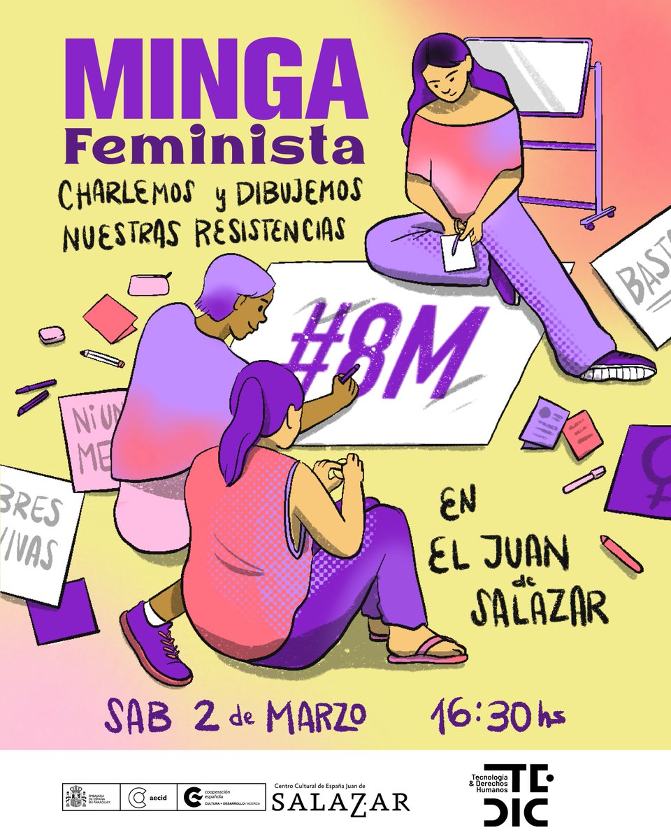 🎨✊ Minga Feminista: Charlamos y dibujamos nuestras resistencias #8MPy

Nos juntamos en un tereré jeré lleno de arte, diálogo y resistencia. Te invitamos a unirte al taller de fanzine con la Colectiva Robusta y a la preparación de carteles y otros insumos para la marcha.