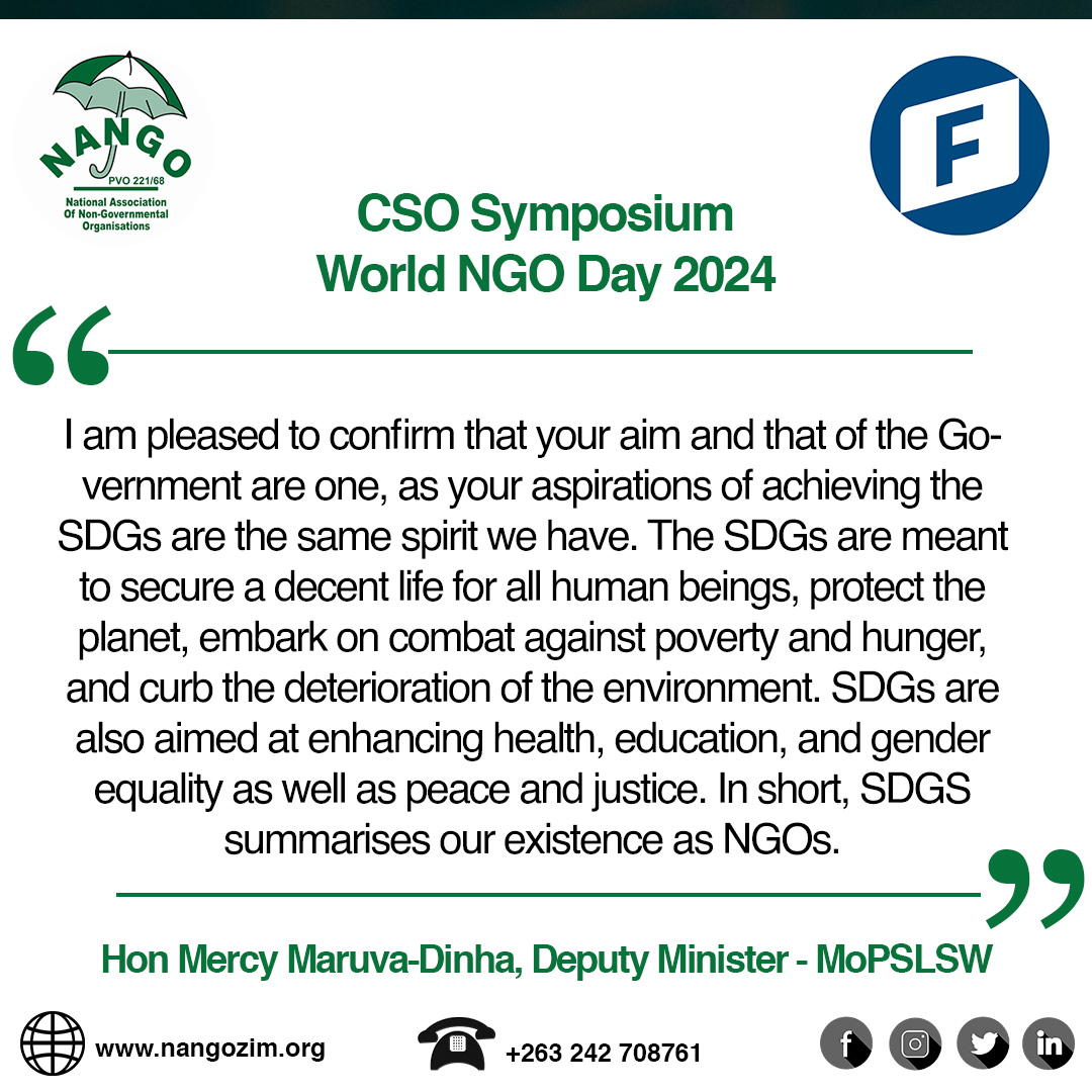 NGOs and the Government share common goals! We aim for a decent life for all, ending poverty, and environmental degradation in #Zimbabwe. SDGs are our shared purpose! #WorldNGODay #SDGs #CSOSymposium