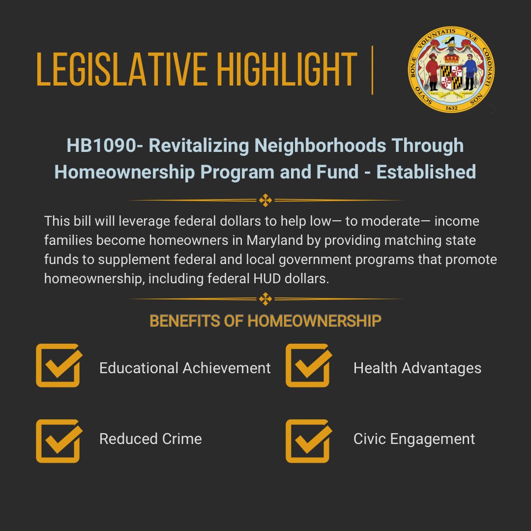 I am reintroducing  HB1090 Revitalizing Neighborhoods Through Homeownership Program and Fund, which will be heard today in the Environment and Transportation Committee. This bill seeks to further increase homeownership opportunities for Marylanders by leveraging federal funds.