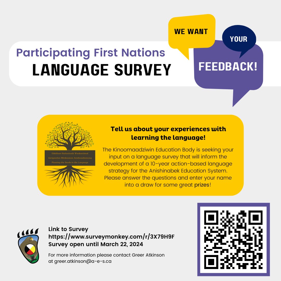 Language survey for Participating First Nations!
The KEB is looking for your feedback on the development of a long-term language strategy for the AES. Check out the link below to share your thoughts and experiences about Anishinaabemowin and Lunaape revitalization.