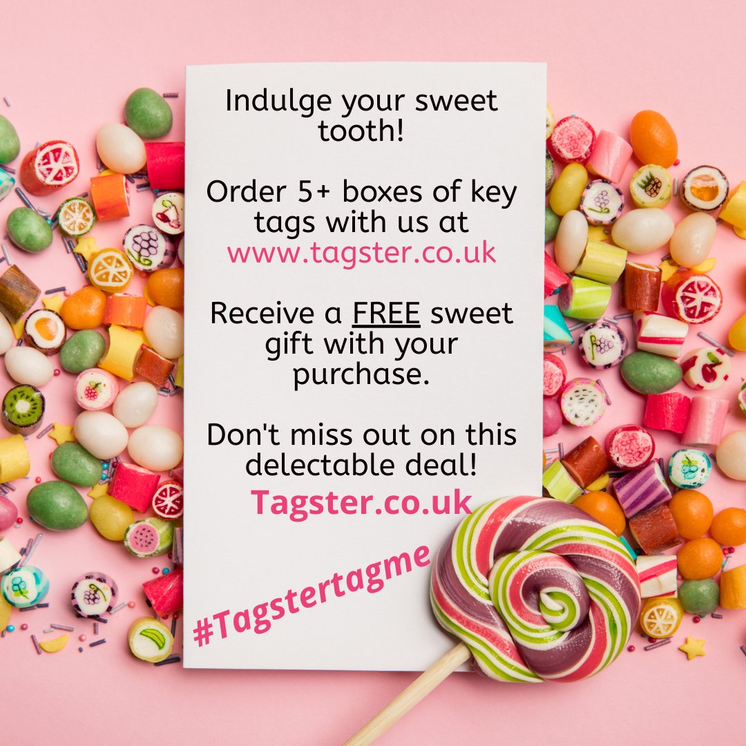 Tagsterltd's tweet image. 🍬 Place an order for 5 or more boxes of our fabulous key tags and we'll sweeten the deal with FREE treats! 🎁🍰
Indulge your sweet tooth while keeping your essentials in check. 🗝️✨🌈 #SweetDeal #keytags #tagstertagme
tagster.co.uk/product-catego…