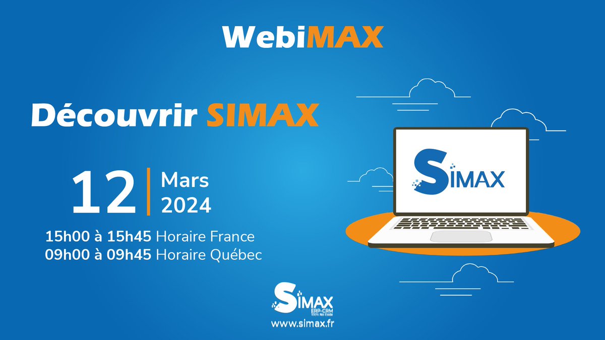 Découvrez SIMAX 💻 l'ERP-CRM qui s'adapte aux besoins de votre entreprise, un logiciel de gestion 100% #NoCode, souple et facilement paramétrable 💯

🗓 Inscrivez-vous dès maintenant à notre WebiMax le 12 mars de 15h à 15h45 : 
👉 simax.fr/webimax/?id=24…

#erp #crm #webinaire