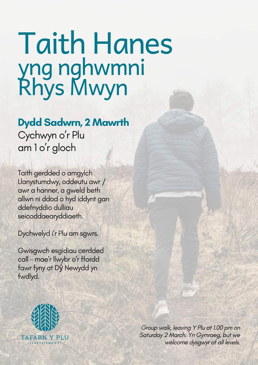 Bydd <a href="/therealrhysmwyn/">Rhys Mwyn</a> yn arwain taith o amgylch ardal Llanystumdwy dydd Sadwrn, 2 Mawrth. Croeso cynnes i bawb! Bydd wedyn cawl a sgwrs yn y Plu. 
-
Rhys Mwyn will be leading a walk around Llanystumdwy on Saturday 2 March. All welcome! There's soup and talk to follow in y Plu.