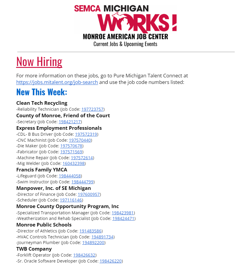 MonroeMIWorks's tweet photo. Lots of new jobs this week! Click https://t.co/GUZqkBQYGH to view the full newsletter.
Hiring and want to be included? Contact us at 734-240-7950!
#NowHiring #MICorner #Monroe #MonroeMI https://t.co/imZrZNGgyW