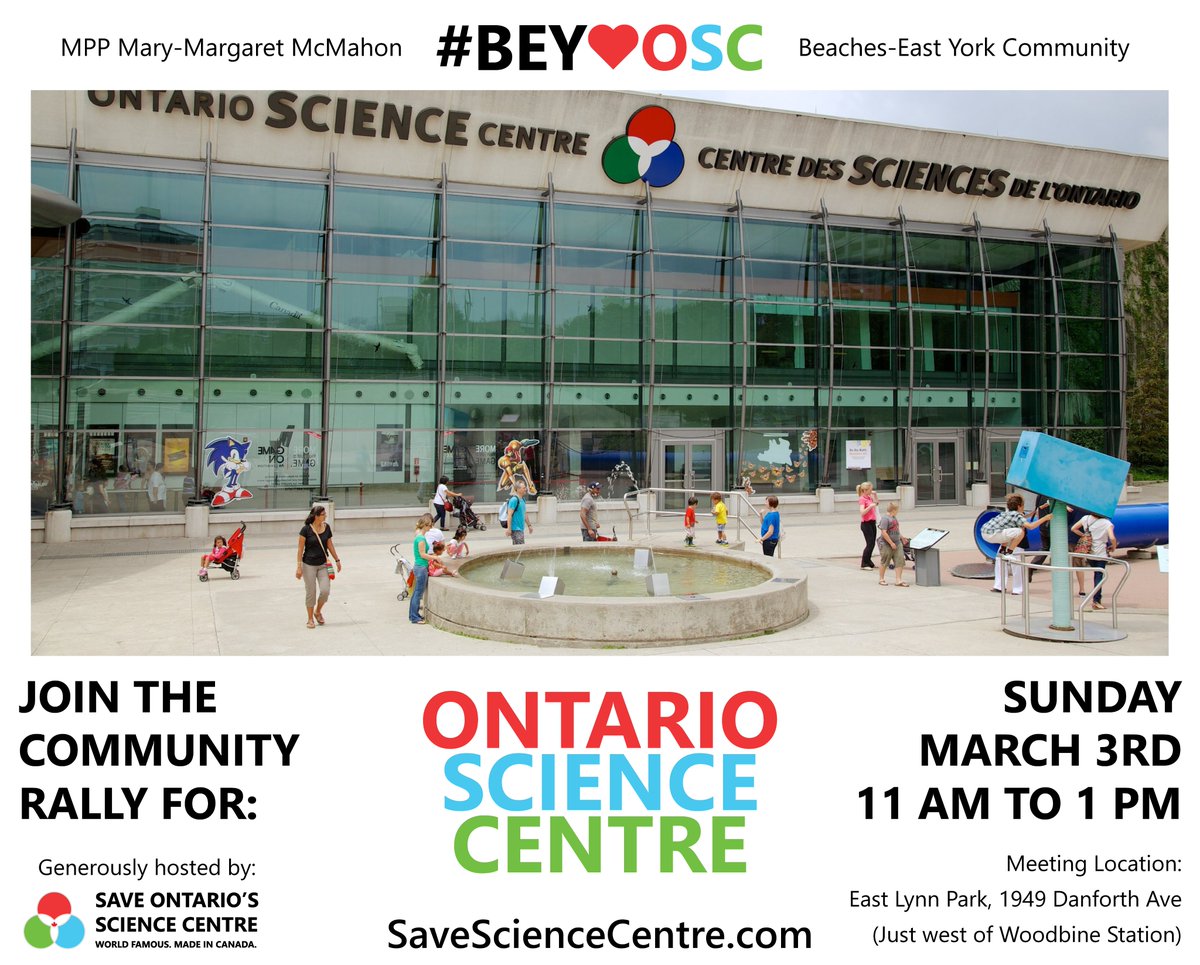 Join Us!
East End Rally for the Ontario Science Centre
Sunday, March 3rd, 11 am to 1 pm

More Info at: SaveScienceCentre.com
And Sign the Letter!

#BEY #EastYork #Toronto #Scarborough #topoli