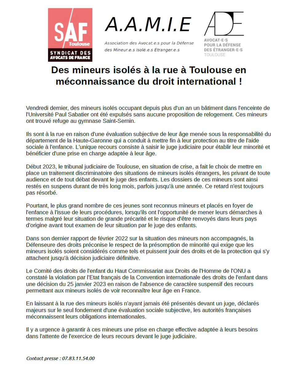 LDHtoulouse's tweet photo. En laissant à la rue des mineurs isolés n'ayant jamais été présentés devant un juge, déclarés majeurs sur le seul fondement d'une évaluation sociale subjective, les autorités françaises méconnaissent leurs obligations internationales. https://t.co/UqjlH0vAbR