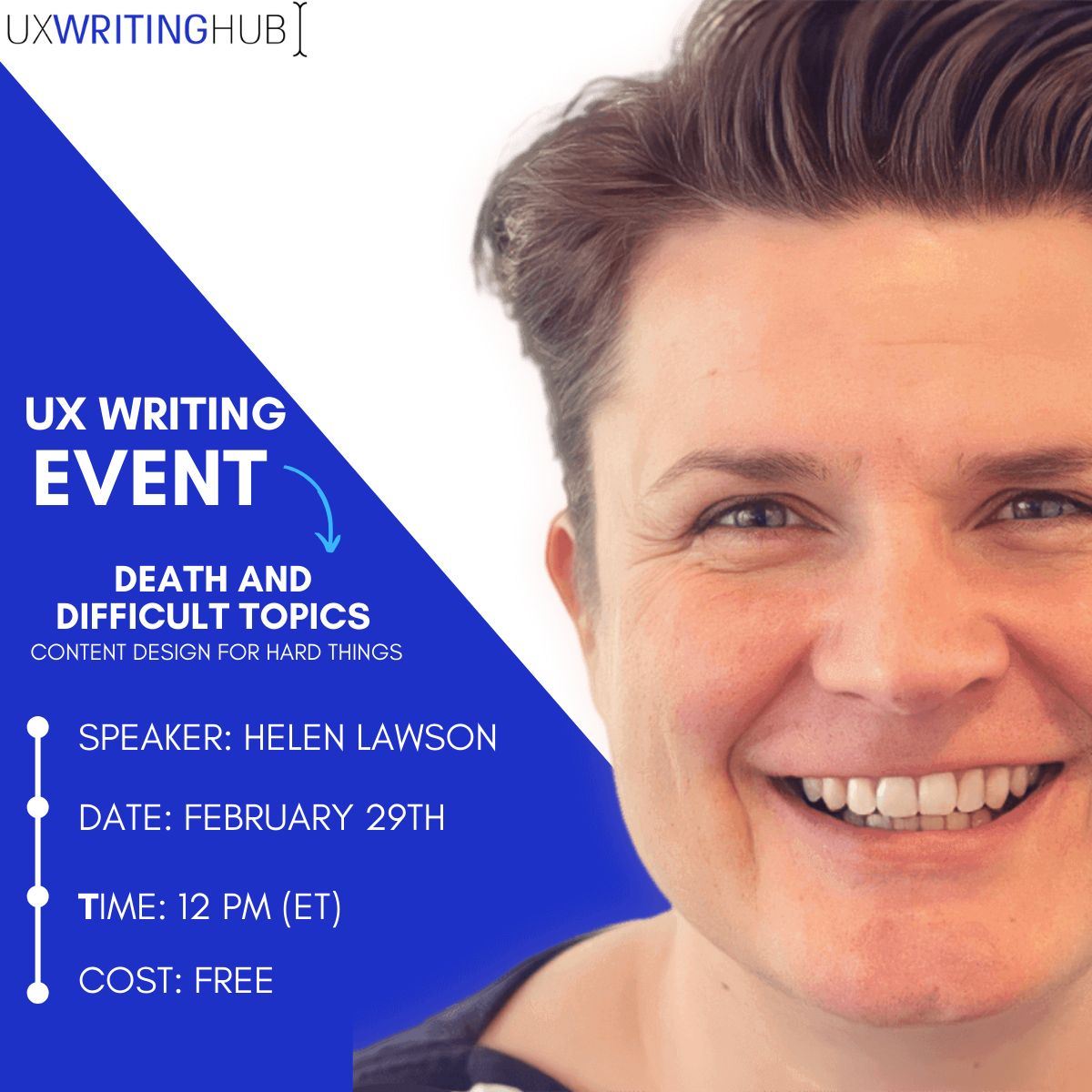 The UX Writing Hub is excited to bring another FREE event to you! Reserve your seat today and join us on Thursday to hear Helen Lawson speak about content design for difficult topics and grieving people.

Sign up now to reserve a seat - buff.ly/42TTS1i  

#UX #UXTips