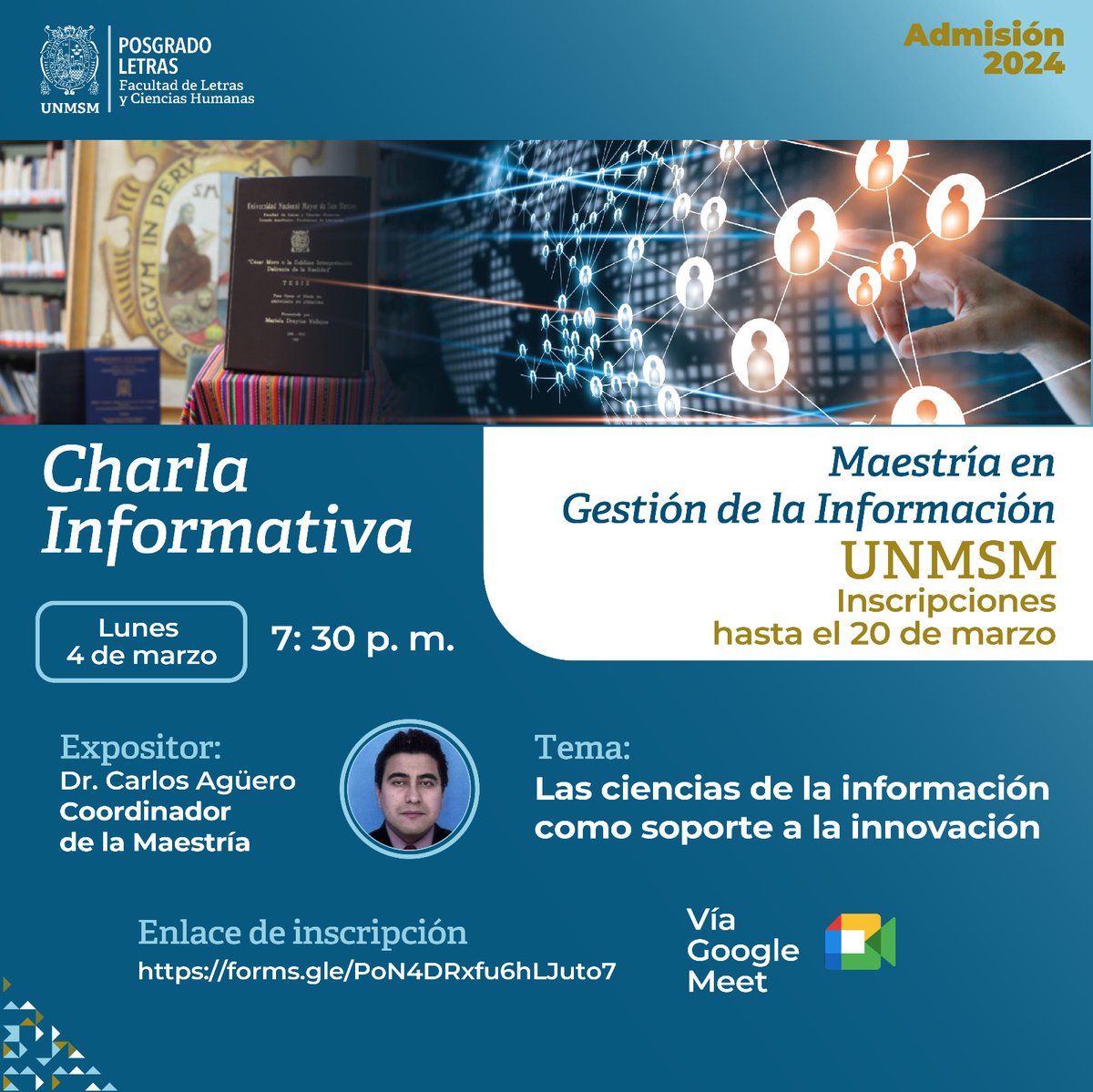 PGLetras_UNMSM's tweet image. Charla Informativa para la Maestría en Gestión de la Información: Las ciencias de la información como soporte a la innovación | Posgrado Letras | Admisión 2024
Día y hora: Lunes 4 de marzo a las 7:30 p. m.
Enlace de inscripción:
forms.gle/PoN4DRxfu6hLJu…