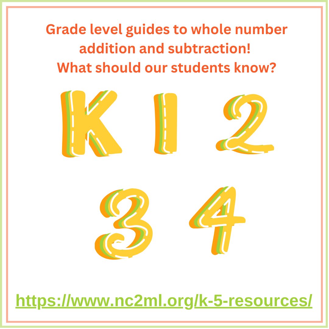 Check out the addition and subtraction grade level guides for Kindergarten, Grade 1, Grade 2, Grade 3, and Grade 4!  What should our students know?<a href="/DPIMath_Science/">DPIMath_Science</a> ; @NCMathematics; <a href="/NCCTM1/">NCCTM</a>; <a href="/AMTE_NC/">AMTE-NC</a>