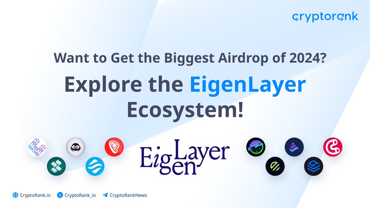CryptoRank.io (@cryptorank_io) on Twitter photo Want to Get the Biggest Airdrop of 2024? Explore the EigenLayer Ecosystem 🔥
Restaking in the latest and the fastest-growing trend in decentralized finance. This $8 billion industry is based on a single project, <a href="/eigenlayer/">EigenCloud</a>. It led to the emergence of dozens of projects and new Want to Get the Biggest Airdrop of 2024? Explore the EigenLayer Ecosystem 🔥
Restaking in the latest and the fastest-growing trend in decentralized finance. This $8 billion industry is based on a single project, <a href="/eigenlayer/">EigenCloud</a>. It led to the emergence of dozens of projects and new