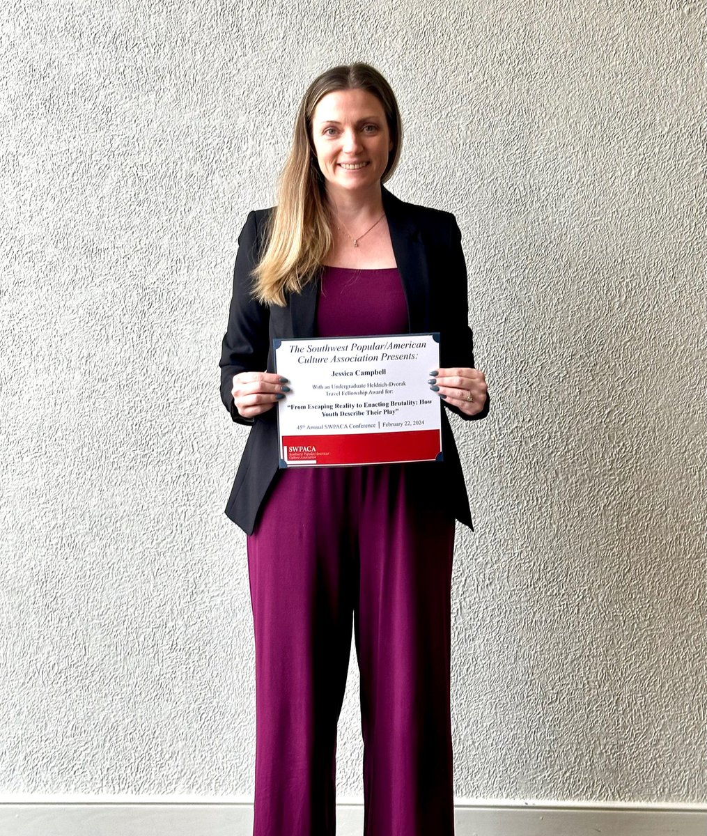 Congratulations to Jessica Campbell (<a href="/CCYYork/">CCY York</a>  Student) who recently presented her honours research paper at the <a href="/southwestpca/">Southwest PCA</a> Conference and was selected as the winner of the highly competitive Heldrich-Dvorak Undergraduate Award!