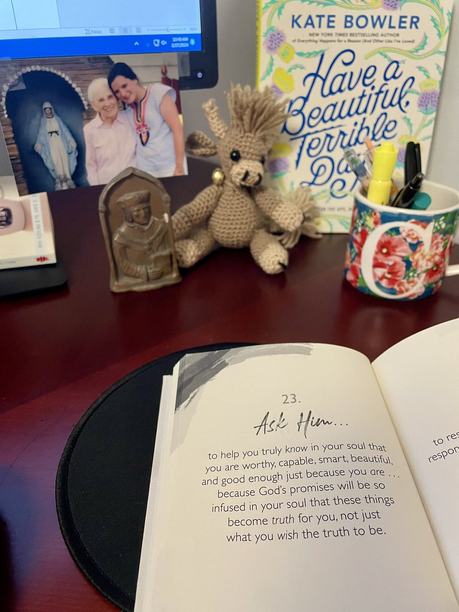 Grammy, Saint Thomas More, handcrafted highland cow from my sister, and true words of encouragement 🩷