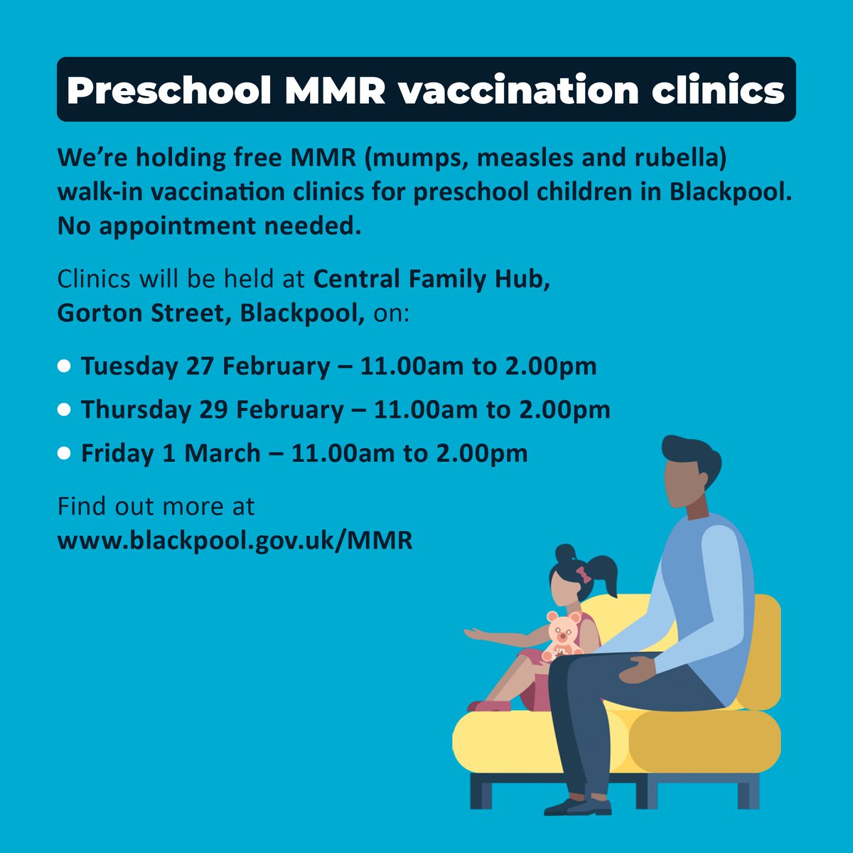 • MMR VACCINATION CLINICS FOR UNDER 5's • Today was our first MMR (mumps, measles and rubella) walk-in vaccination clinic for preschool children in Blackpool. Don't worry if you missed it - there's still 2 more clinics this week! See info ⤏ blackpool.gov.uk/MMR 1/6
