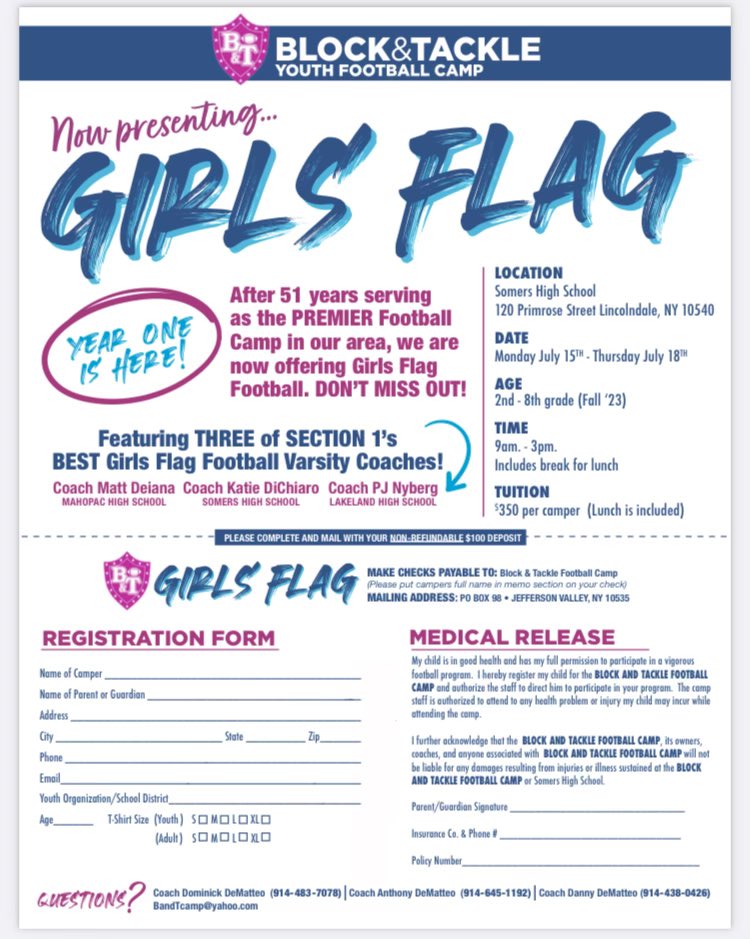 🚨 BREAKING 🚨B&amp;T is offering YOUTH GIRLS FLAG 🏈 THIS SUMER!!! M 7/15 - TH 7/18. Take advantage of this unique opportunity to work w/ the Hudson Valley’s PREMIER 🏈 Camp!!!   
Please reach out for anymore details #BNTGFF24 <a href="/MahopacFB/">Coach DeMatteo</a> <a href="/SomersFootball/">Somers Football</a>  <a href="/DematteoCoach/">Coach Dan DeMatteo</a>