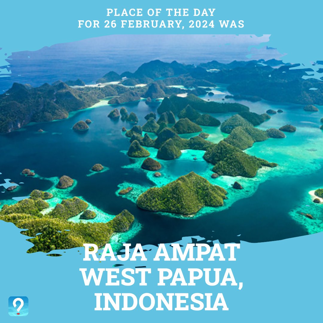 PinpointWhere's tweet photo. The correct answer for Place of the Day (26 February, 2024) was: Raja Ampat
Raja Ampat is a chain of some 1,500 islands off the western coast of West Papua. The views are...(more)
https://t.co/dDCXz695Ru
#discover #travel #RajaAmpat #WestPapua #Indonesia #Archipelgo #Islands https://t.co/Ue8IWmMxRp