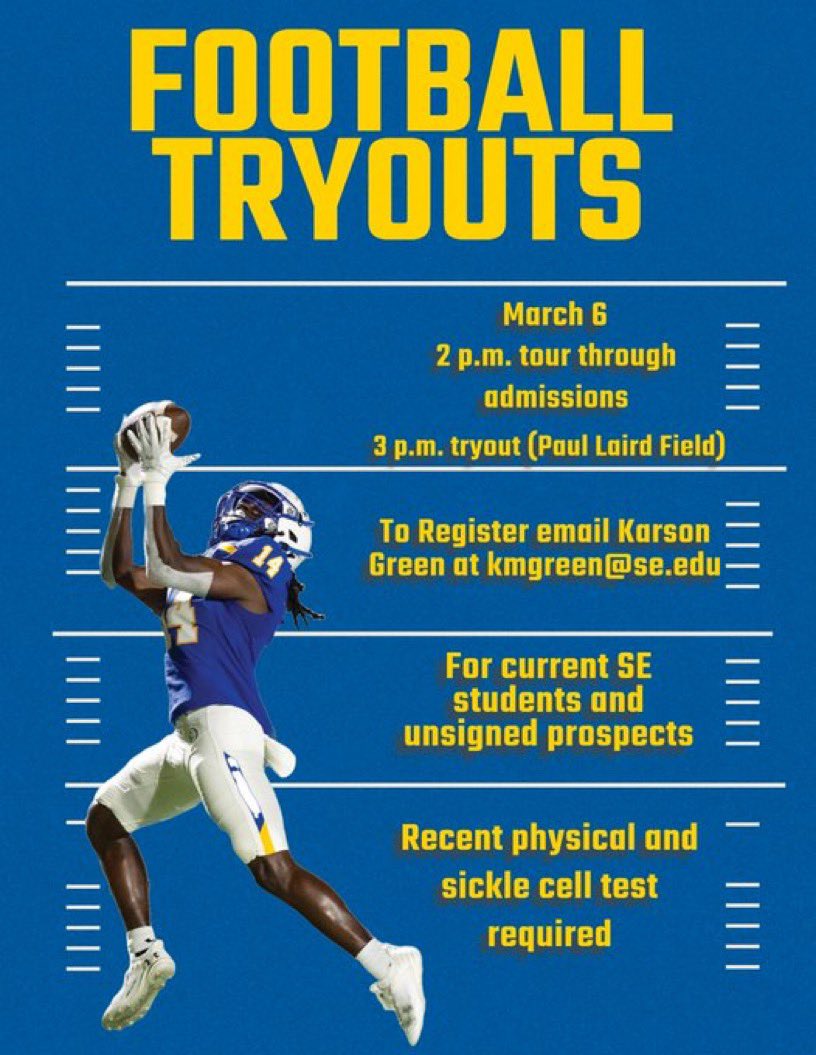 🚨🚨All unsigned 2024 prospects and current SE students Football tryouts are on March 6th‼️‼️ Show up and Show out‼️