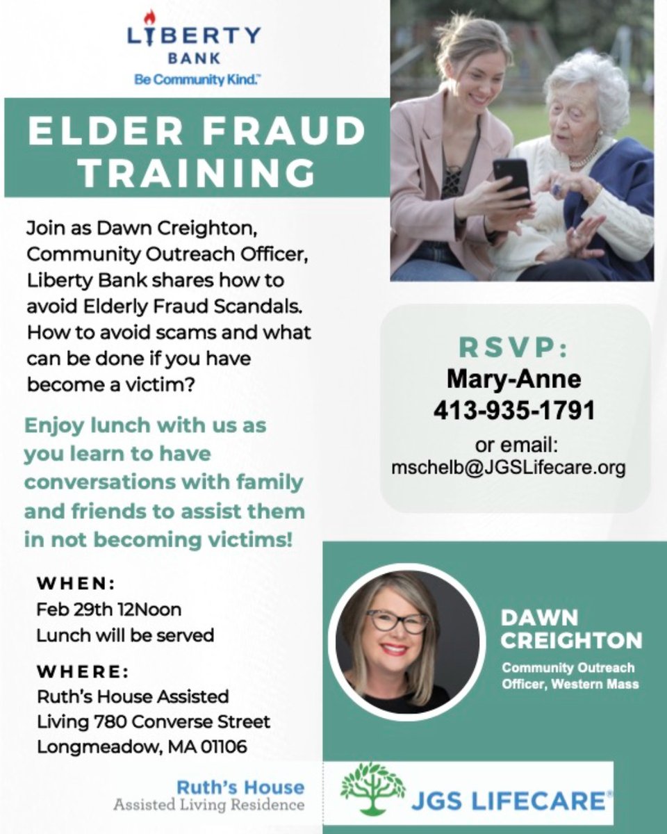 Join us on Feb 29, 12-1:30 PM at Ruth’s House Assisted Living Residence at JGS Lifecare for a Lunch and Learn Series. Dawn Creighton from @LibertyBank_CT will guide us through Elder Fraud Training, offering insights on protecting against scams and steps to take if targeted.