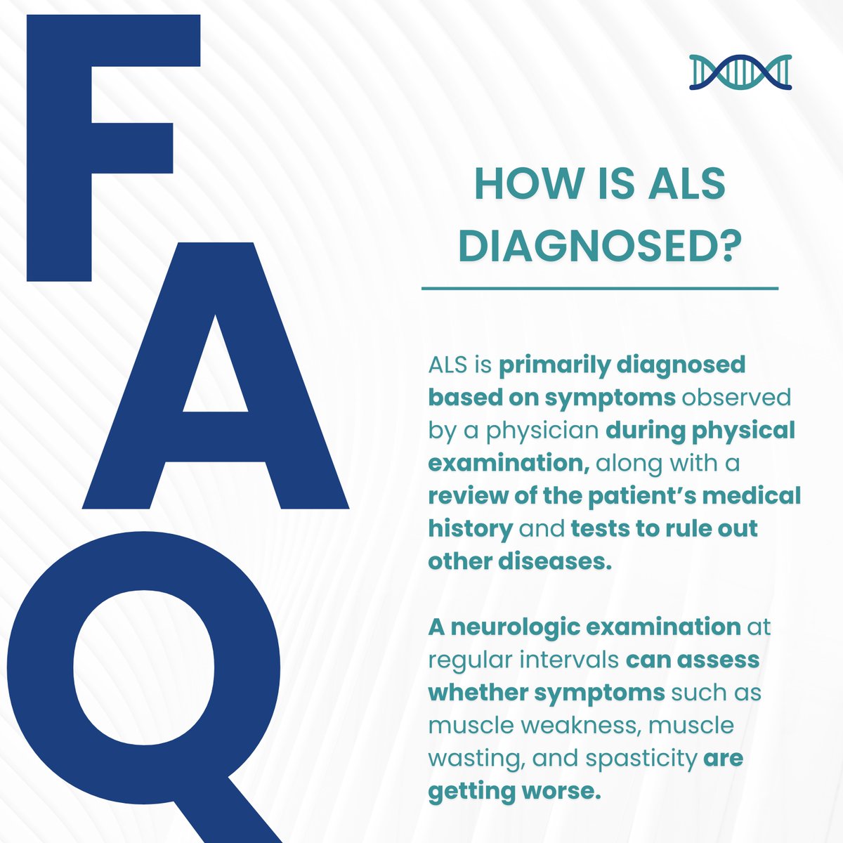 How is ALS diagnosed? #ALS is primarily diagnosed based on symptoms observed by a physician during physical examination, along with a review of the patient’s medical history and tests to rule out other diseases. Read more ALS FAQs: targetals.org/faq/ #ALSFacts #ALSFAQ