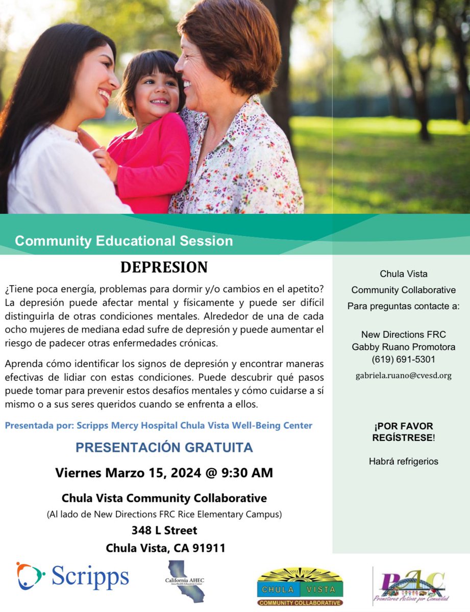 Scripps Mercy Hospital Chula Vista Wellbeing Center • Depresión • ¡Presentación gratuita! 

#ChulaVistaCommunityCollaborative #CVCC #ChulaVista #SouthBay #Comunidad #Español #Spanish #SanDiego #Depresion #ScrippsMercyHospital #ChulaVistaWellBeingCenter