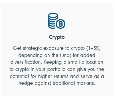 Fidelity is recommending 1-3% crypto exposure in its 'Fidelity All-in-One ETFs' product. Their investment thesis is potential for higher returns & a hedge against traditional markets. This is the very first product you see when browsing their Investments page. Higher, longer.