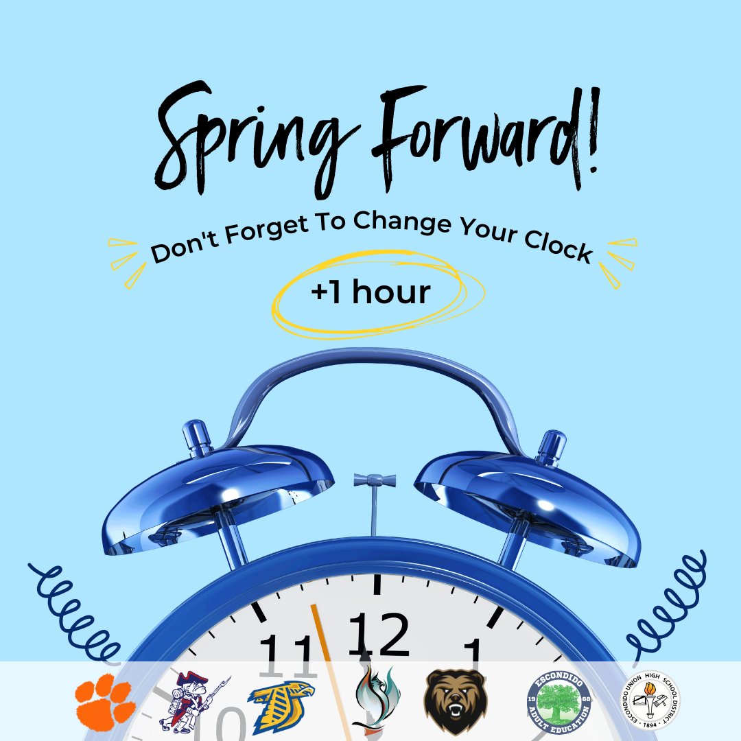 It's that time of year again! Remember to set your clocks ahead by one hour as Daylight Saving Time starts this Sunday, March 10. @DelLagoAcademy @EdEscondido @ehscougars @OrangeGlen @SanPasqualHS @vhsgrizzlies