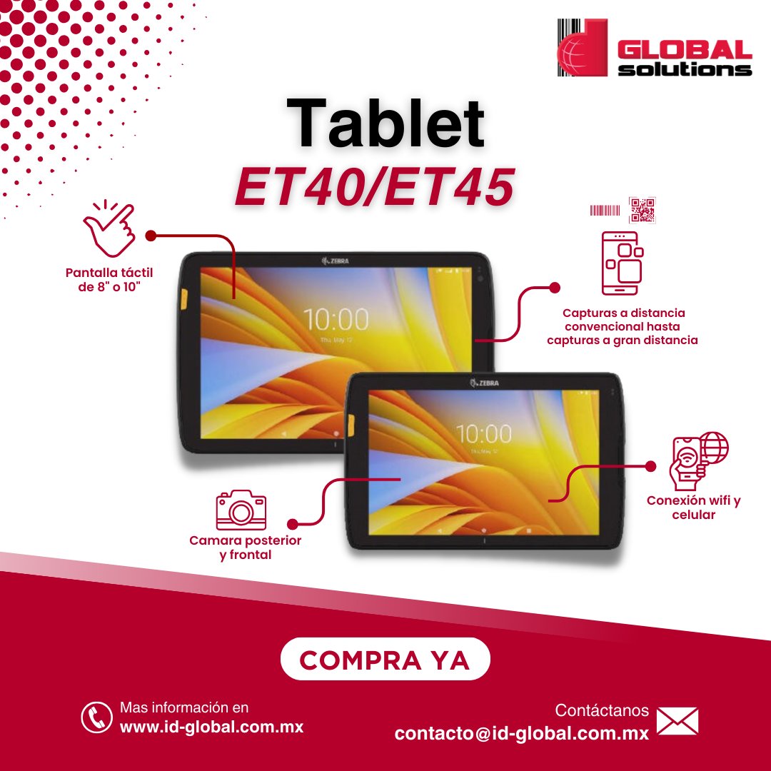 idglobal's tweet image. ¿Conoces las tabletas ET40/ ET45 de @ZebraTechnology?

Con escaner incorporado para la óptima lectura de códigos de barras

Envíanos un mensaje a📧contacto@id-global.com.mx para saber más sobre las tabletas ET40/ ET45 🦓

#escaner #scaner #codigodebarras #tablet #computomovil