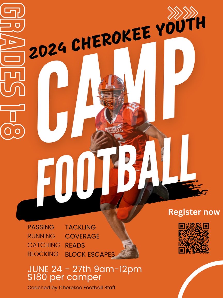 CAMP ALERT: Secure your spot for Chiefs Youth Football Camp. Develop the skills and fundamentals taught by the Cherokee Football staff. Can’t Wait.