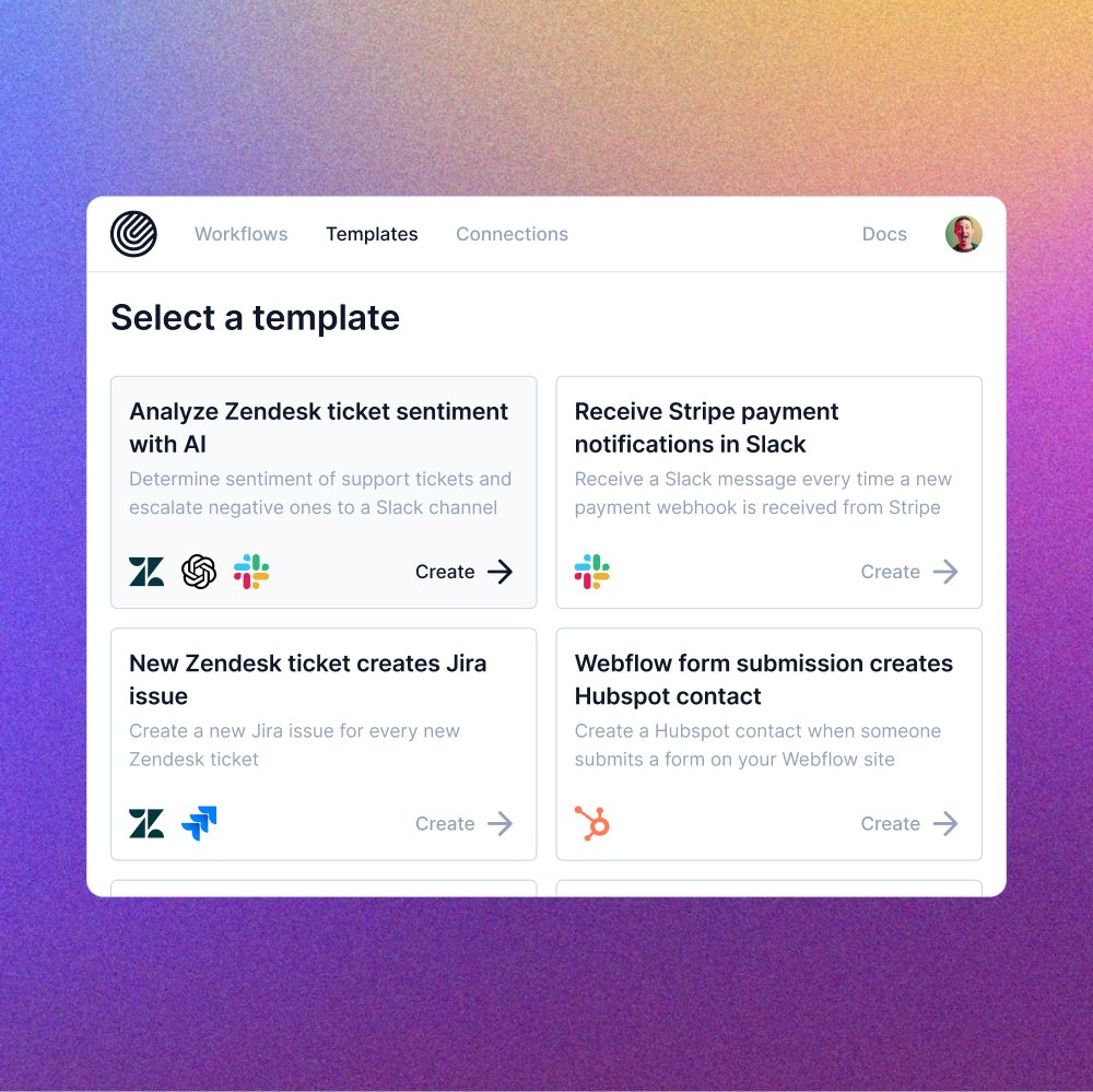 Introducing Templates ✨

Ready-to-launch workflows for common problems solved with Strada.

Our favorite one?

Analyze Zendesk ticket sentiment with AI and automatically take an action!

VIP customer sent a complaint? Escalate to a Slack channel.

More at app.getstrada.com/templates