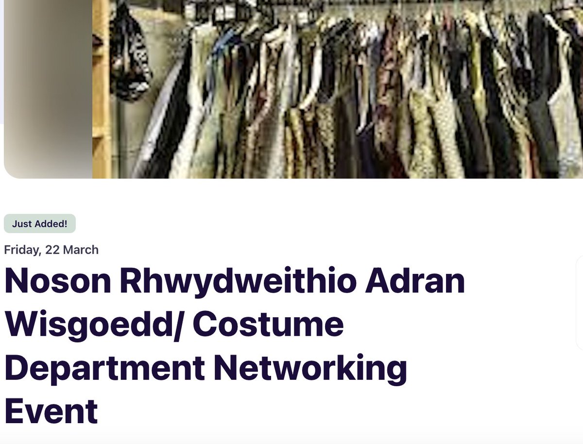📢CALLING ALL PEOPLE IN THE COSTUME DEPARTMENT! Join @cult_cymru for an exciting evening of networking as well as a talk from BAFTA nominated Costume Designer, Zoe Howerska. 📅22nd March 📍Little Man Coffee, CF10 2EE ⏰ 7PM- 10PM 🔗eventbrite.co.uk/e/noson-rhwydw…