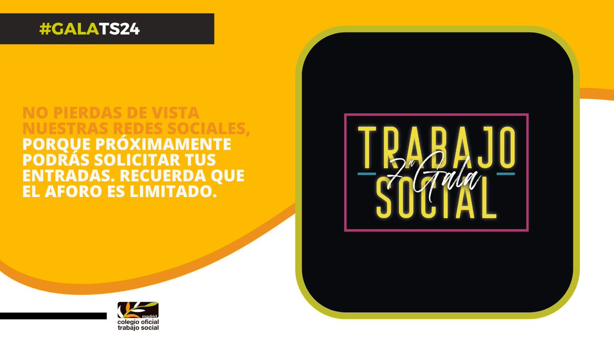 ColegioTSMadrid's tweet image. #GalaTS24 | ¡Reserva la fecha! 

El jueves 🗓️14 de marzo a las 18:00 h celebraremos, el Día Mundial del Trabajo Social y lo haremos con nuestra:

➡️Gala de Trabajo Social, evento destinado al encuentro, reconocimiento y celebración a la profesión.

+ info: comtrabajosocial.com/gala-del-traba…
