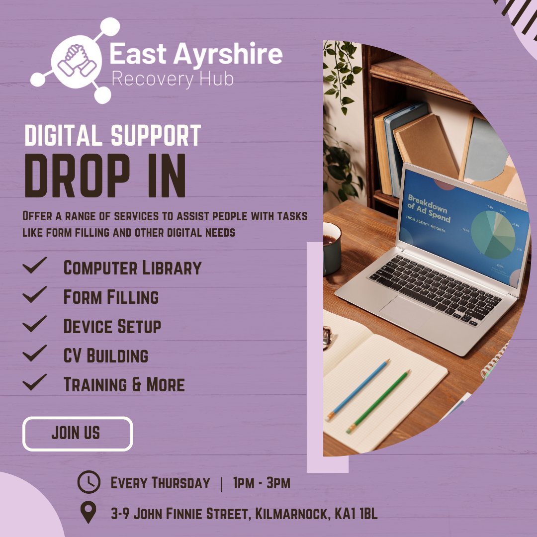Welcome to East Ayrshire Recovery Hub's Digital Support Drop-in Session!

Join us every Thursday from 1pm to 3pm. Our team will be here to assist you in various digital areas.

eacharecovery.org/groups-and-act…

 #DigitalSkills #Empowerment