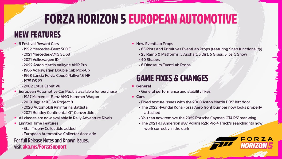 The latest update coming to Forza Horizon 5, European Automotive, brings 8 reward cars and many more features. Take a look at the complete list here: aka.ms/FH5EuropeanAut…