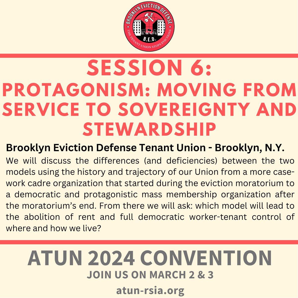 Session 6 of our convention this coming weekend is a presentation on organizing models by @BrooklynDefense Register: bit.ly/atun2024 More info: atun-rsia.org/2024convention