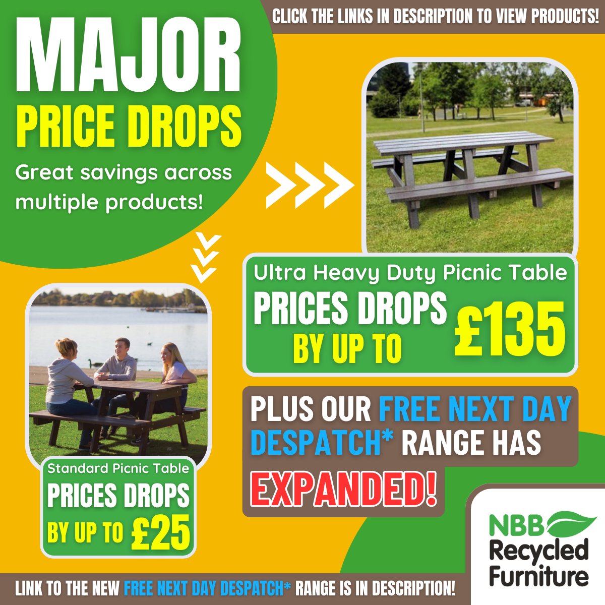 See our Prices Drops and an EXPANDED Free Next Day Despatch Range! Ultra Heavy Duty Picnic Table: bit.ly/3uNUCsc Standard Picnic Table: bit.ly/3ST7c1s Free NDD Range: bit.ly/3SSDDwX #NBBRecycledFurniture #recycledplastic #nextdaydespatch #picnictables