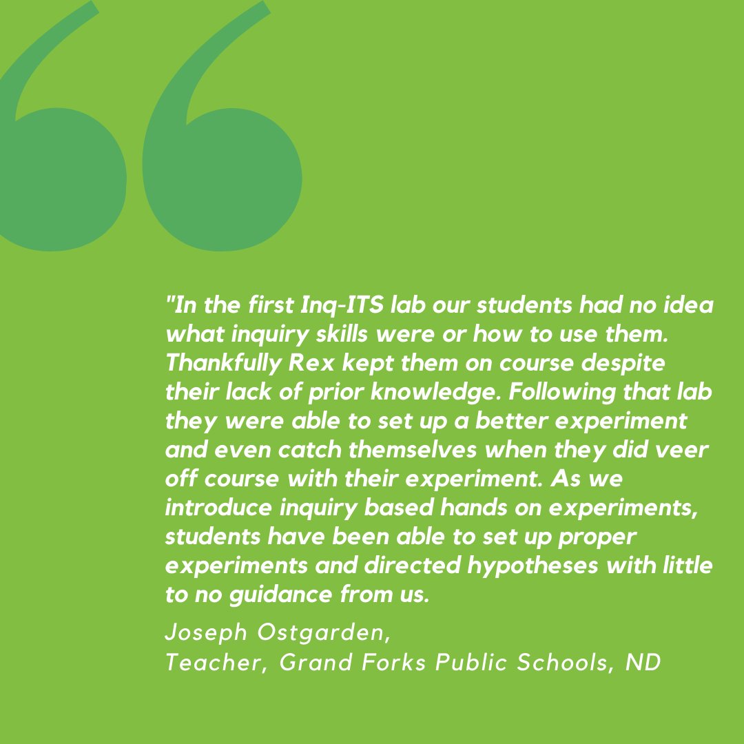 Joseph Ostgarden from Grand Forks Public Schools, ND, reflects on his students' growth in inquiry skills using Inq-ITS. Starting with little knowledge, they quickly learned to design better experiments and develop strong hypotheses. 

#EducationalGrowth #TestimonialTuesday