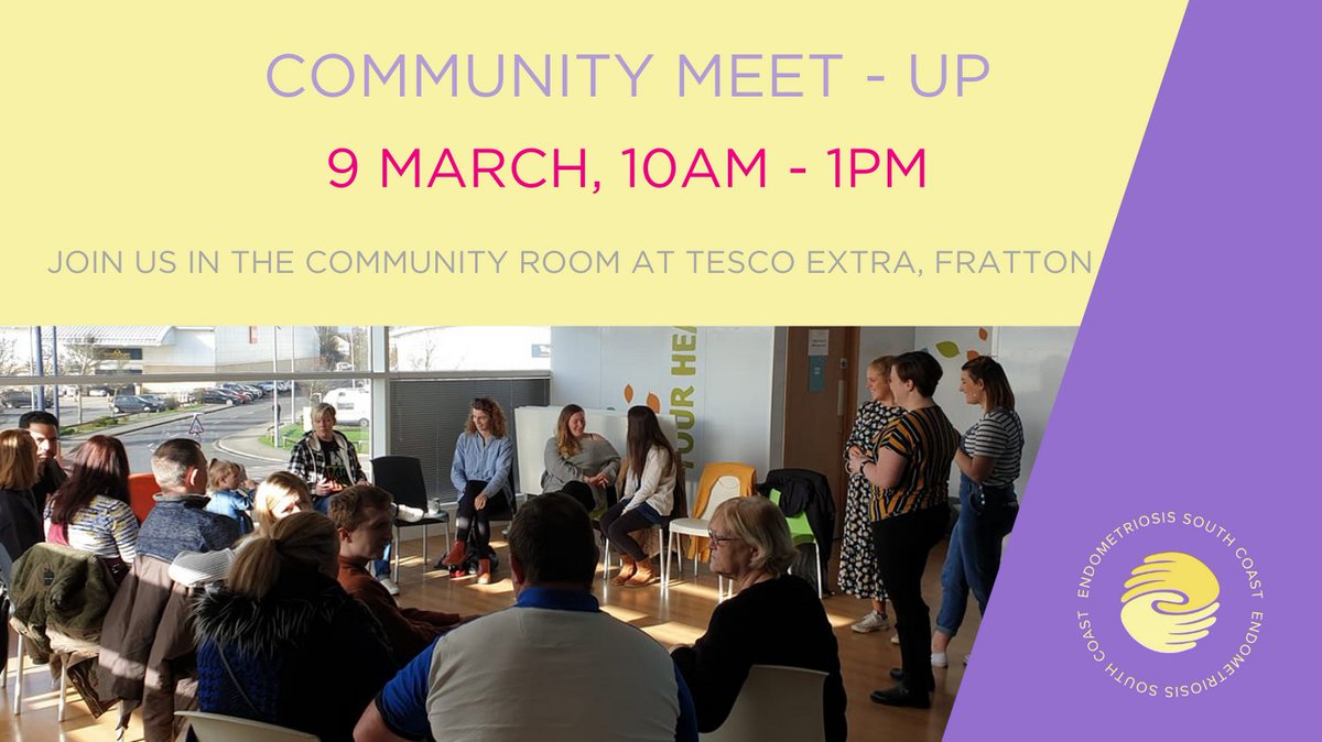 Our next in-person Community Meet-Up is Saturday 9th March. Join us in the Community Room, Tesco Extra, Fratton any time between 10am and 1pm. Virginia from The Pelvic Pain Network is providing an overview on pelvic health physio and pelvic pain. #Endo #Community #Support