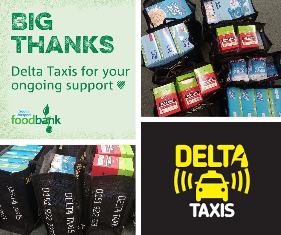 Bags of support from @DeltaMerseyside 🛍️ Big thanks to the fab team at #DeltaTaxisMerseyside. They've #donated more essential items to our #foodbank plus a supply of sturdy bags. We couldn't do what we do without support like this 💚 Want to help too? 👉 bit.ly/3pKIeXH
