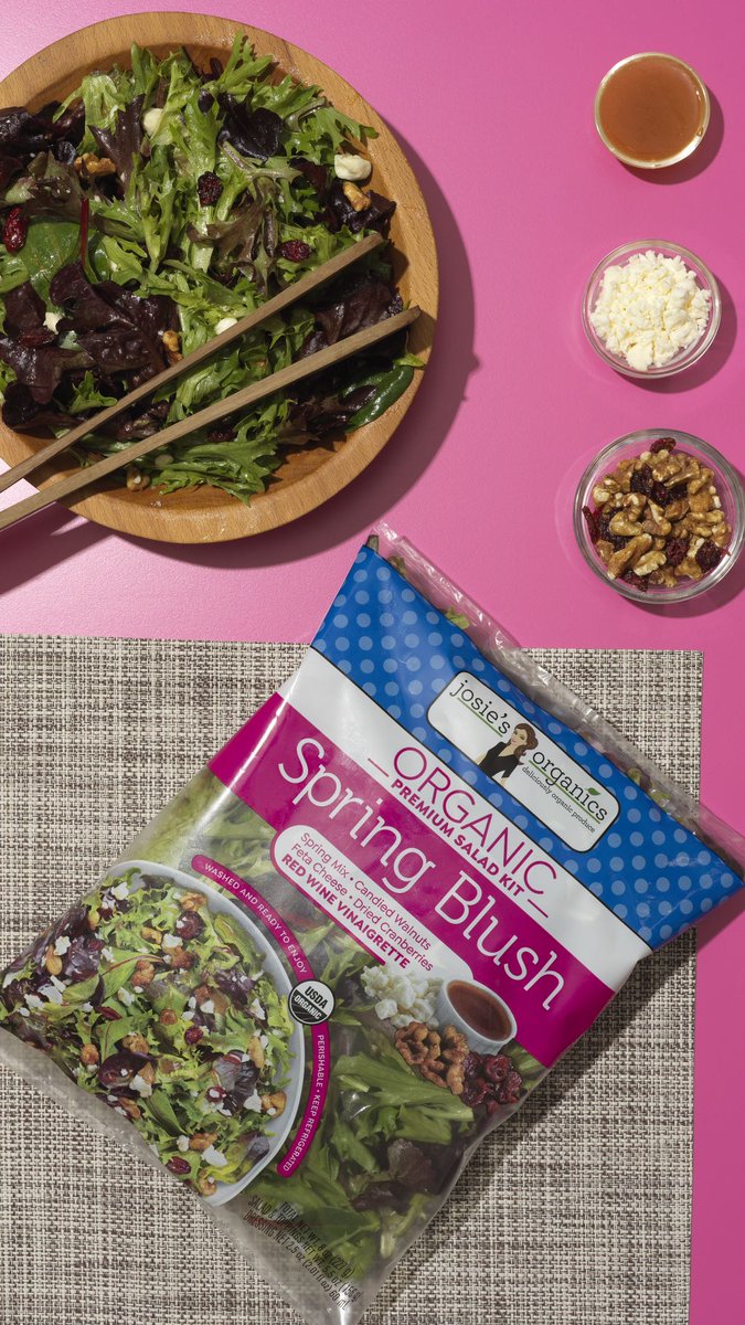 Our Josie's Organics Spring Blush Salad Kit is a fan favorite. This sophisticated salad is a tender mix of salad greens tossed with Feta cheese, candied walnuts, dried cranberries and a delightful red wine vinaigrette. 😍💕