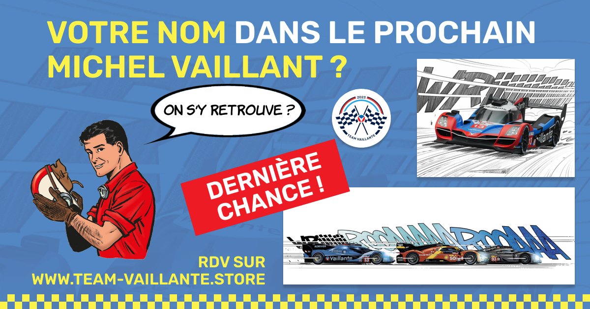 📢 Last call! Occasion unique pour les fans de Michel Vaillant! RDV sur la boutique avant fin février pour voir votre nom dans le prochain tome prévu en mai : team-vaillante.store Faites vite, les éditions sont limitées et plus de la moitié des produits sont déjà partis! 🏎️