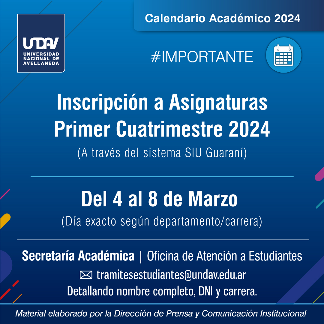 UNDAVOFICIAL's tweet photo. Inscripción a asignaturas primer cuatrimestre 2024

📌 Se llevará a cabo del lunes 4 de marzo al viernes 8 de marzo, a través del SIU Guaraní.

🔗 Accedé al cronograma de inscripción: https://t.co/t59FVTBcfT

#UniversidadPública
#Asignaturas https://t.co/XlpsTn8l9J