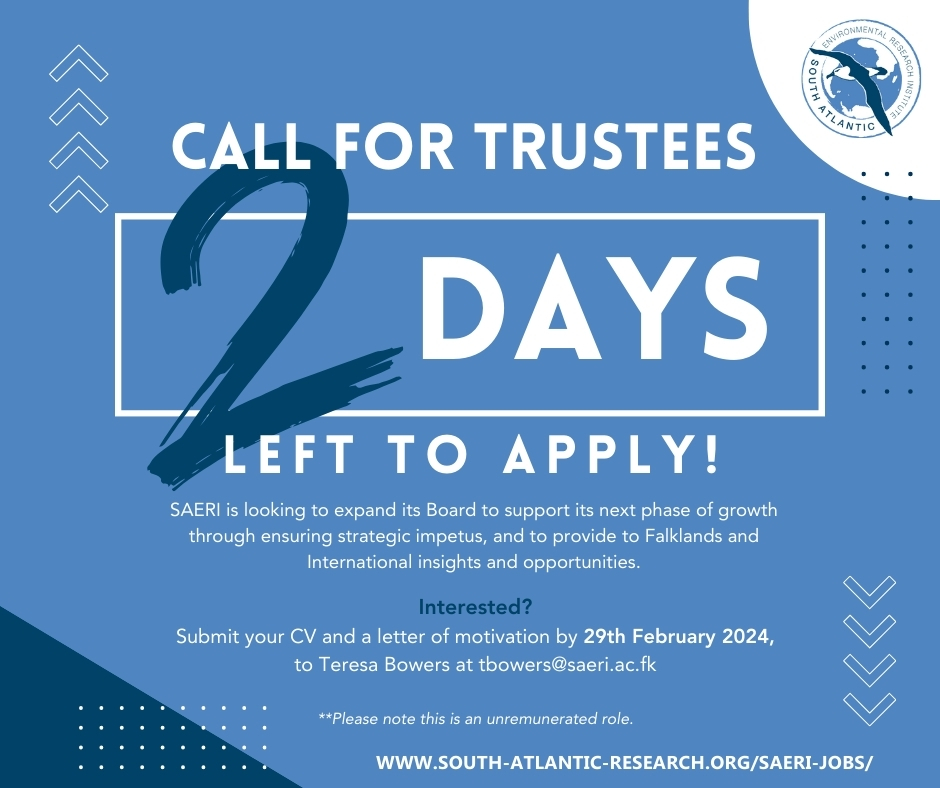 📢Still 2⃣ days left to apply! 
SAERI is looking for motivated individuals with interest in science &amp; environmental issues with experience in one or more of the following:
donor funding/fundraising, business, communications &amp; natural sciences
Interesed? Email: tbowers@saeri.ac.fk