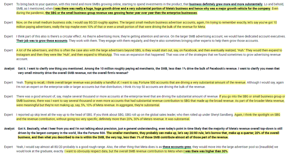 RihardJarc's tweet photo. I found this section of the interview with a Former Director at $META to be very interesting:

1. There are 200M SMBs on the platform, but only 10M businesses advertise, so there is a lot of potential for more SMBs to advertise.

2. SMB was a really big driver of revenue growth while the expert was employed there (2022), with SMB revenue growing faster YoY than the Enterprise business segment.

3. Many advertisers start on FB, then expand to IG, and then to WA.

4. Overall, SMB revenue contribution at $META was higher than 30%. 

5. WA is a big growth driver but still an untapped opportunity.

My thoughts: $META still has a very big opportunity regarding SMBs. The ability to drive advertisers from FB to IG and then to WA is what often gets overlooked as well. I am very optimistic as more and more GenAI products for advertisers come to $META's platforms, as these products will increase ROAS for SMBs the most, as they affect both targeting and ad creative, which is often a big pain point for SMBs.