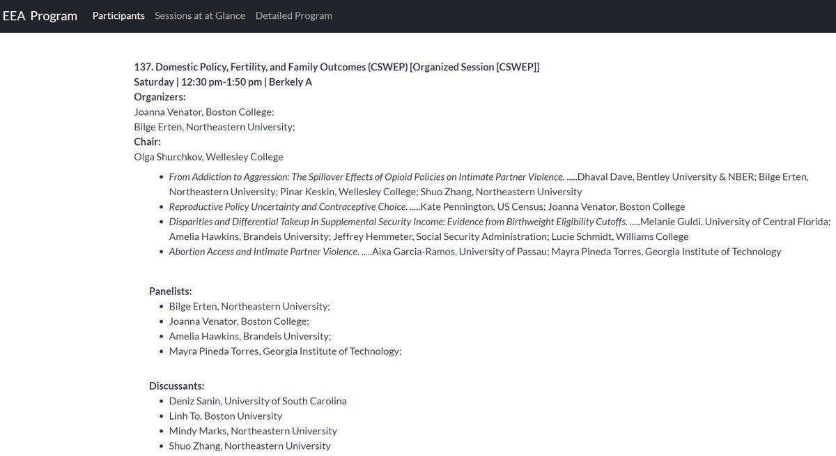 Excited to co-organize this <a href="/AEACSWEP/">CSWEP</a> session on Domestic Policy and Family Outcomes at #EEA2024 on Saturday at 12:30, with @JoannaVenator, chaired by <a href="/OlgaShurchkov/">Olga Shurchkov</a>.

Other panelists <a href="/MayraPinedaT/">Mayra Pineda-Torres</a> &amp; <a href="/aaehawkins/">Amelia (Molly) Hawkins</a>. 

Discussants <a href="/DenizSanin_/">Deniz Sanin</a>, Linh To, Mindy Marks and Shuo Zhang.