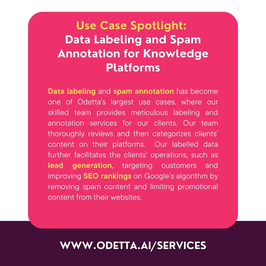 OdettaInc's tweet image. Read about how Odetta assists clients with Data Labeling and Spam Annotation: buff.ly/2J2RdKs 

#DataLabeling #AnnotationServices #SpamAnnotation #SEO #LeadGeneration #ContentCategorization #DataManagement #QualityAssurance #ClientServices #OdettaSolutions